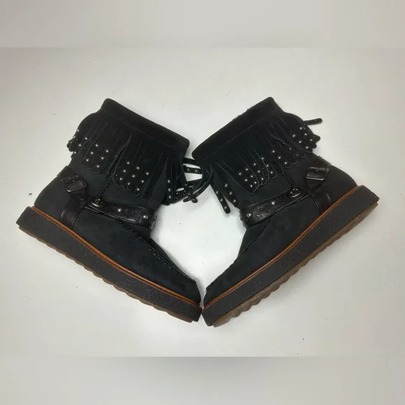COACH ROCCASIN Black Fringe Silver Studded Suede Shearling Moccasin Boots NWOT 7 - Picture 5 of 15